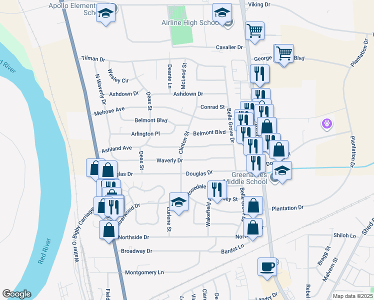 map of restaurants, bars, coffee shops, grocery stores, and more near 2502 Ashland Avenue in Bossier City