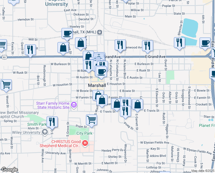 map of restaurants, bars, coffee shops, grocery stores, and more near 201 South Bolivar Street in Marshall