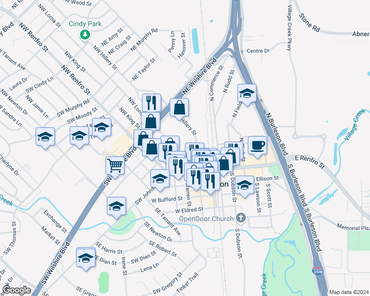 map of restaurants, bars, coffee shops, grocery stores, and more near 138 West King Street in Burleson
