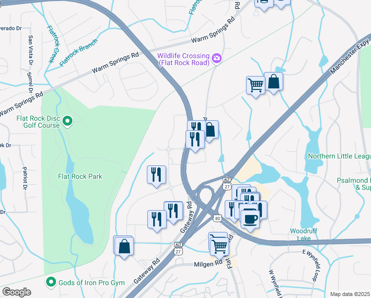 map of restaurants, bars, coffee shops, grocery stores, and more near J R Allen Pkwy & Flat Rock Rd in Columbus