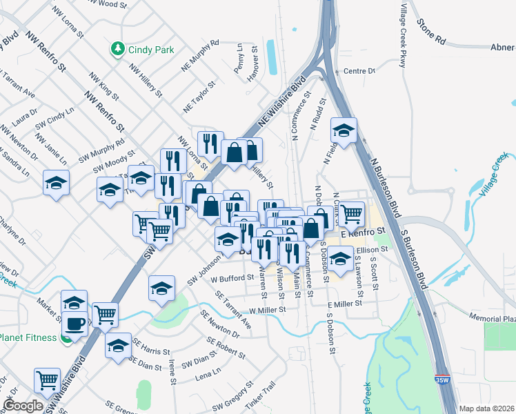 map of restaurants, bars, coffee shops, grocery stores, and more near 138 West King Street in Burleson