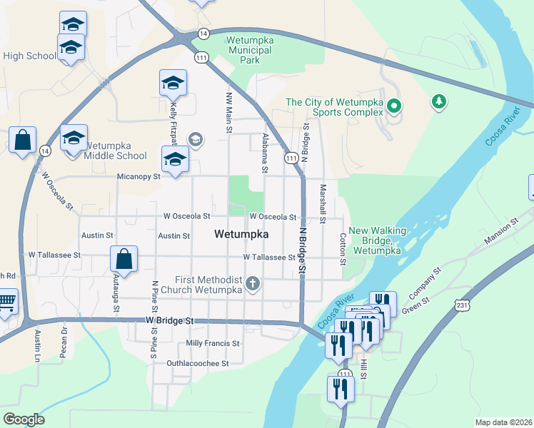map of restaurants, bars, coffee shops, grocery stores, and more near 499 Alabama Street in Wetumpka