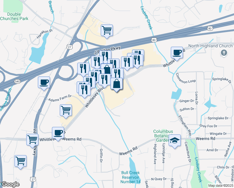 map of restaurants, bars, coffee shops, grocery stores, and more near 5550 Whittlesey Boulevard in Columbus
