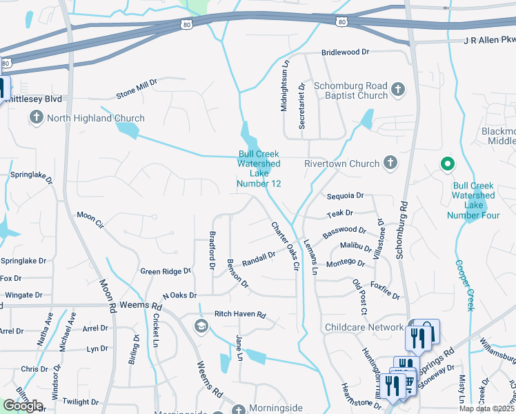 map of restaurants, bars, coffee shops, grocery stores, and more near 6725 Charter Oaks Circle in Columbus