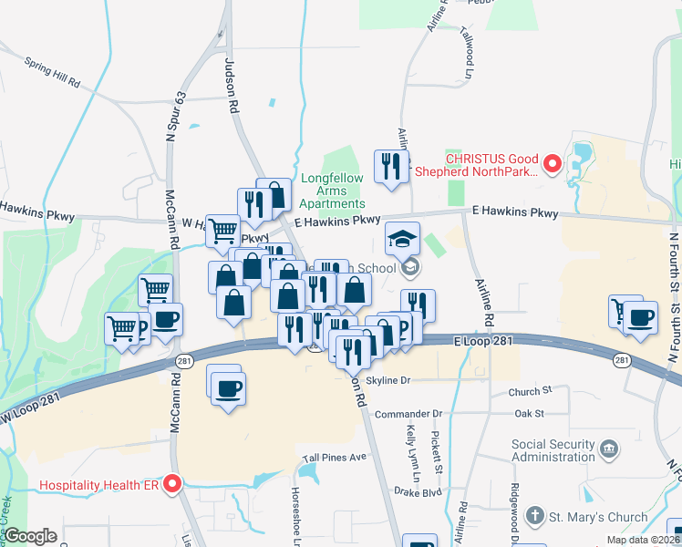 map of restaurants, bars, coffee shops, grocery stores, and more near 110 East Hawkins Parkway in Longview
