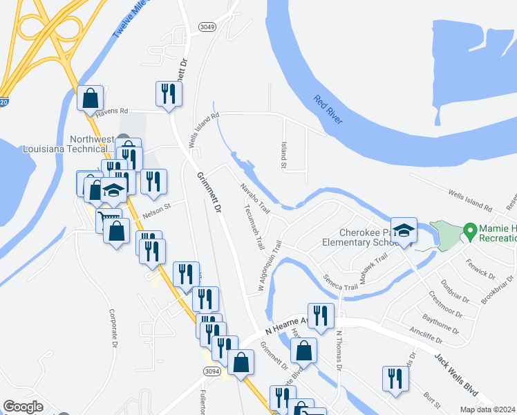 map of restaurants, bars, coffee shops, grocery stores, and more near 741 Navaho Trail in Shreveport