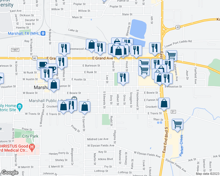 map of restaurants, bars, coffee shops, grocery stores, and more near 1006 East Austin Street in Marshall