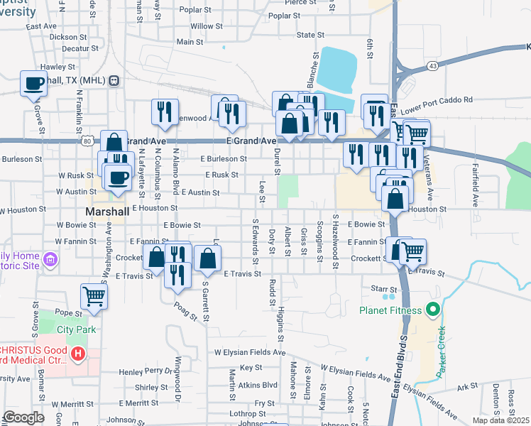 map of restaurants, bars, coffee shops, grocery stores, and more near 1006 East Austin Street in Marshall