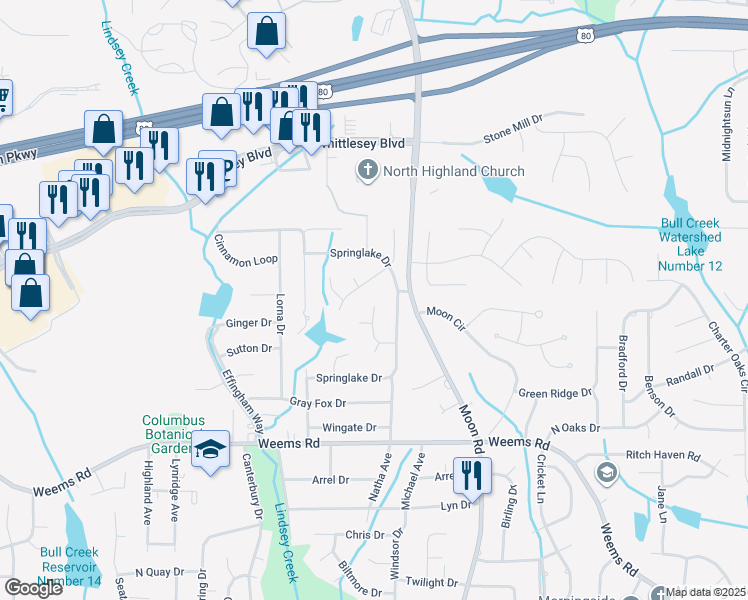 map of restaurants, bars, coffee shops, grocery stores, and more near 6752 Audubon Drive in Columbus
