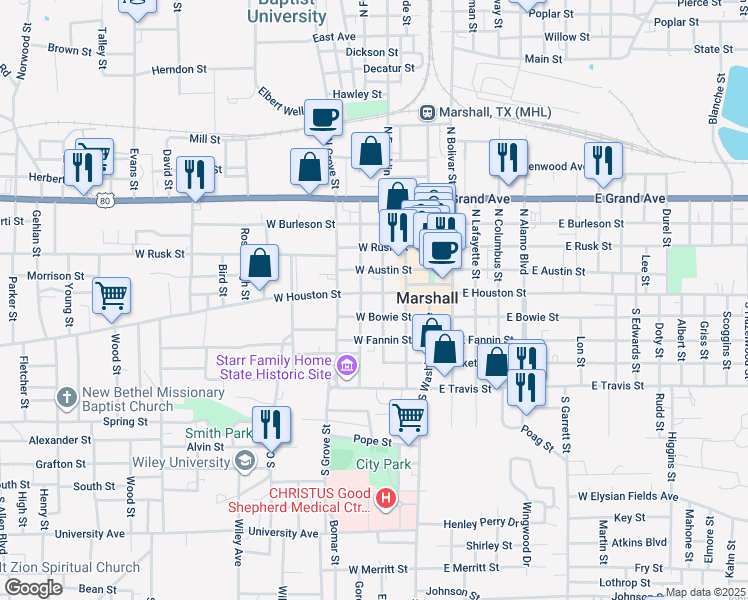 map of restaurants, bars, coffee shops, grocery stores, and more near 306 West Houston Street in Marshall