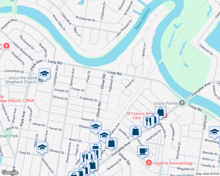 map of restaurants, bars, coffee shops, grocery stores, and more near 2495 Highland St in Monroe