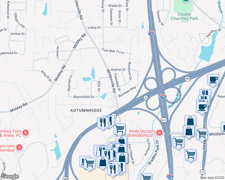 map of restaurants, bars, coffee shops, grocery stores, and more near 6835 Fawndale Drive in Columbus