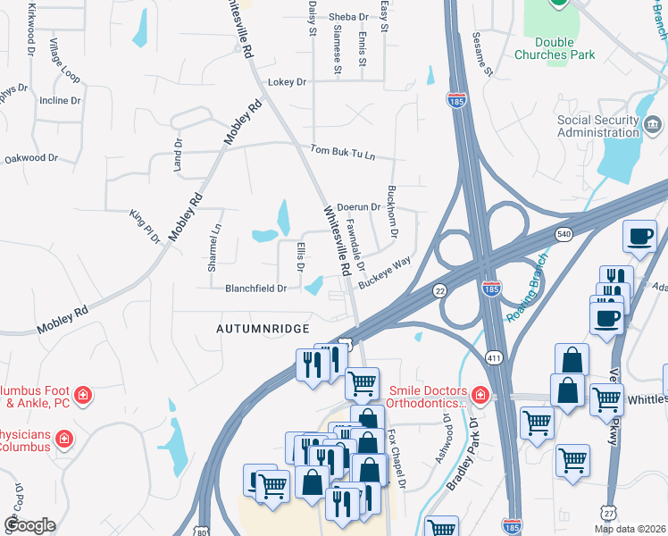 map of restaurants, bars, coffee shops, grocery stores, and more near 6835 Fawndale Drive in Columbus