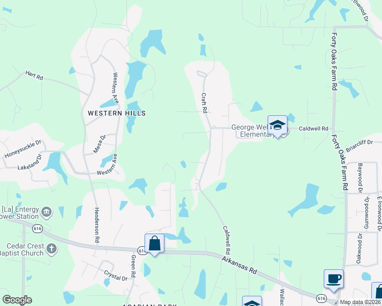 map of restaurants, bars, coffee shops, grocery stores, and more near 540 Caldwell Road in West Monroe