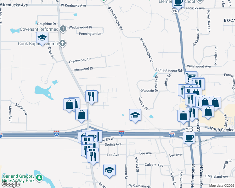 map of restaurants, bars, coffee shops, grocery stores, and more near 904 Sybil Drive in Ruston