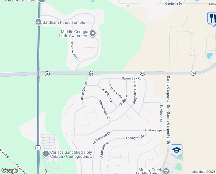 map of restaurants, bars, coffee shops, grocery stores, and more near 103 Sycamore Road in Kathleen