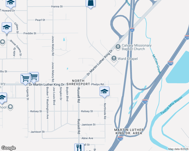 map of restaurants, bars, coffee shops, grocery stores, and more near 2025 Addition Avenue in Shreveport