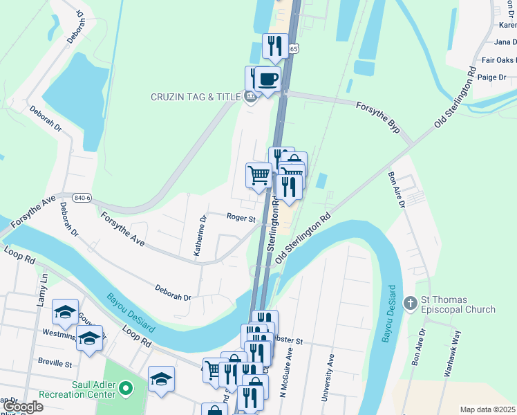 map of restaurants, bars, coffee shops, grocery stores, and more near 2509 Sterlington Road in Monroe