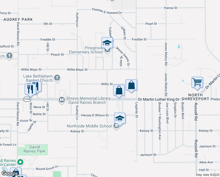 map of restaurants, bars, coffee shops, grocery stores, and more near 2124 Linear Street in Shreveport