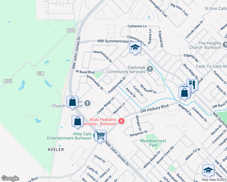 map of restaurants, bars, coffee shops, grocery stores, and more near 1044 Morgan Drive in Burleson