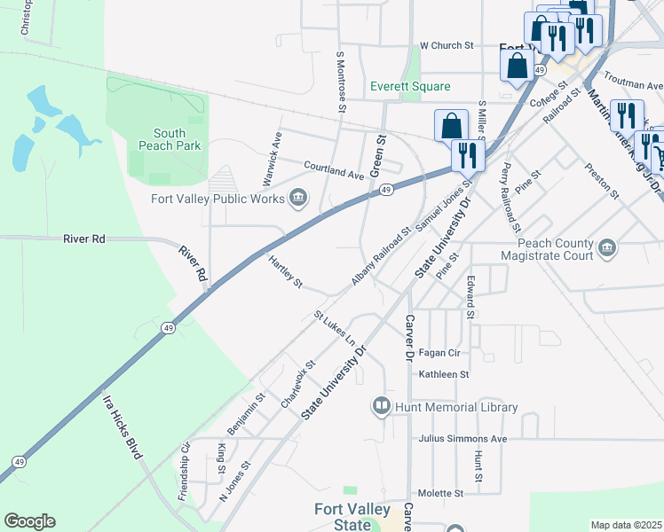 map of restaurants, bars, coffee shops, grocery stores, and more near 501-599 Wye Street in Fort Valley