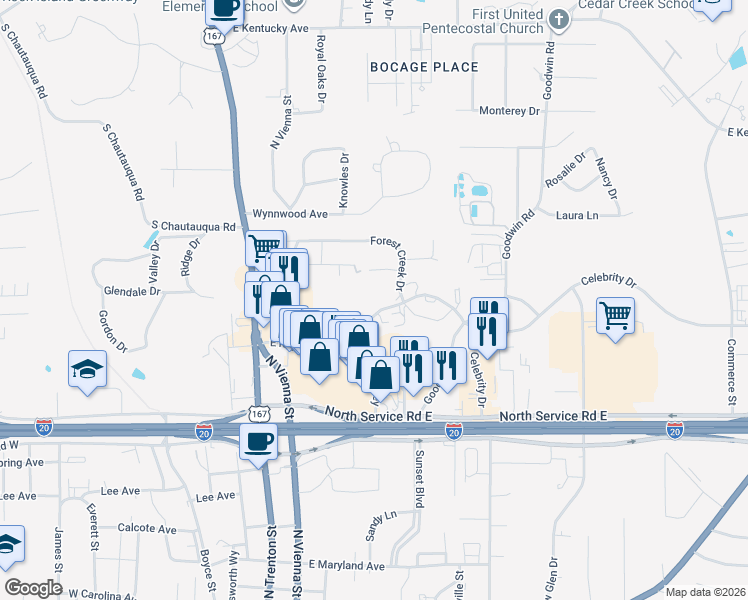 map of restaurants, bars, coffee shops, grocery stores, and more near 301 East Reynolds Drive in Ruston