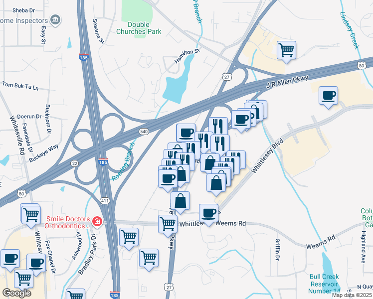 map of restaurants, bars, coffee shops, grocery stores, and more near 6783 Veterans Parkway in Columbus