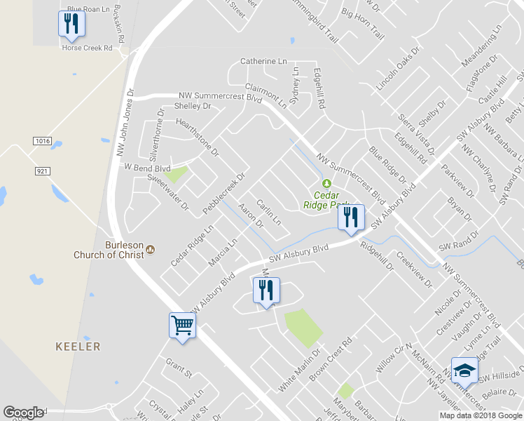 map of restaurants, bars, coffee shops, grocery stores, and more near 1001 Carlin Lane in Burleson