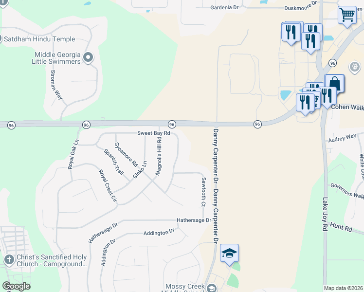 map of restaurants, bars, coffee shops, grocery stores, and more near 88 Sweet Bay Road in Kathleen