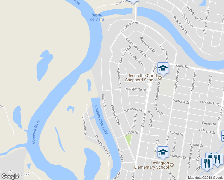 map of restaurants, bars, coffee shops, grocery stores, and more near 2501 Marquette Street in Monroe