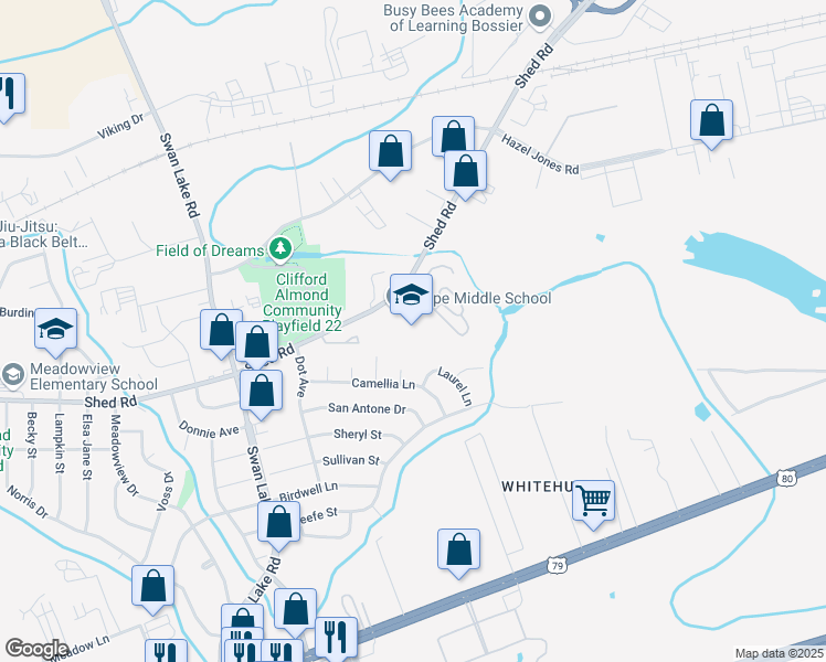 map of restaurants, bars, coffee shops, grocery stores, and more near 4814 Shed Road in Bossier City