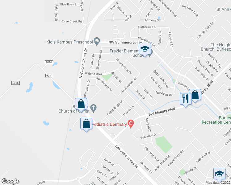 map of restaurants, bars, coffee shops, grocery stores, and more near 1112 Sweetwater Drive in Burleson