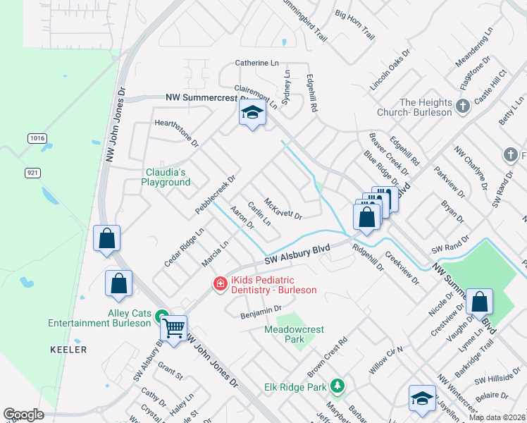 map of restaurants, bars, coffee shops, grocery stores, and more near 1021 McKavett Drive in Burleson