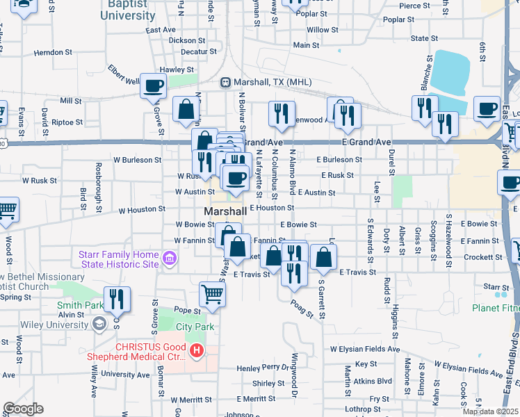 map of restaurants, bars, coffee shops, grocery stores, and more near 300 East Houston Street in Marshall