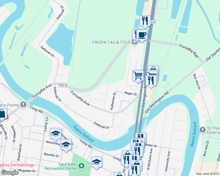 map of restaurants, bars, coffee shops, grocery stores, and more near 2501 Katherine Drive in Monroe