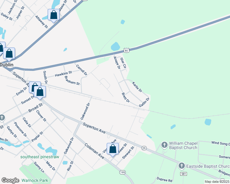 map of restaurants, bars, coffee shops, grocery stores, and more near 125-155 Brett Drive in East Dublin