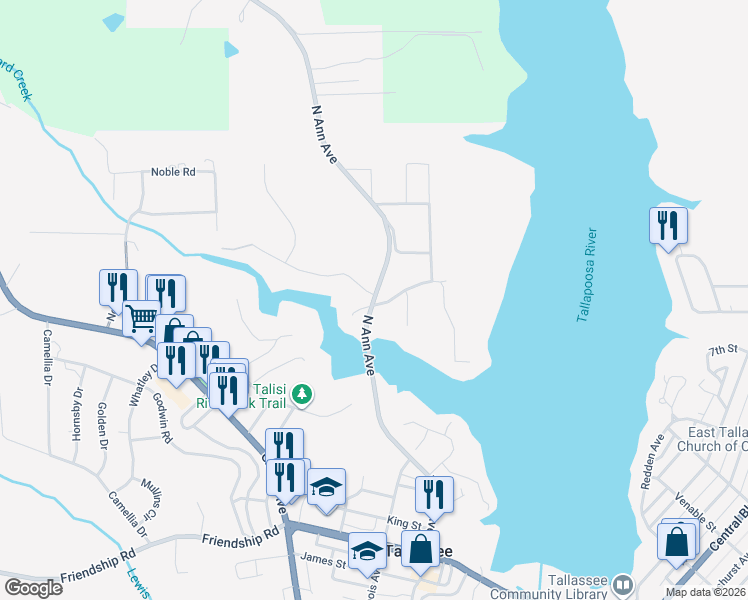 map of restaurants, bars, coffee shops, grocery stores, and more near County Road 44 in Tallassee