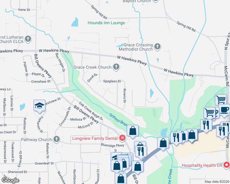 map of restaurants, bars, coffee shops, grocery stores, and more near 1617 Olympic Drive in Longview