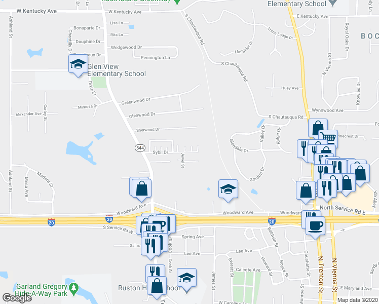 map of restaurants, bars, coffee shops, grocery stores, and more near 944 Sybil Drive in Ruston