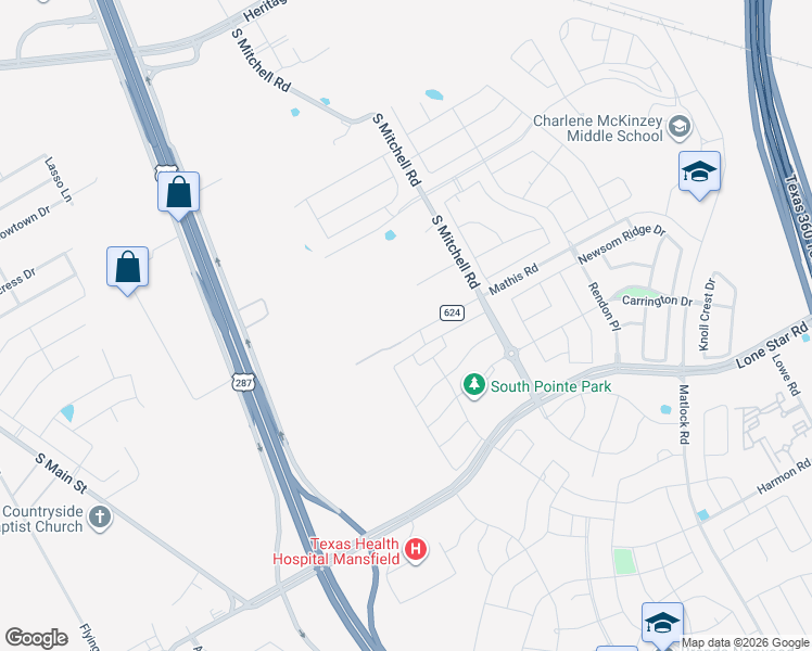 map of restaurants, bars, coffee shops, grocery stores, and more near 2511 Mathis Road in Mansfield