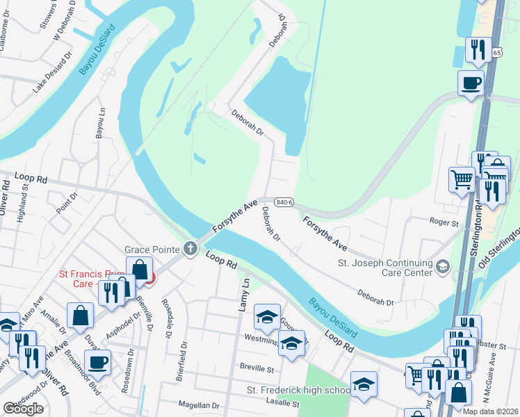 map of restaurants, bars, coffee shops, grocery stores, and more near 3600 Deborah Drive in Monroe