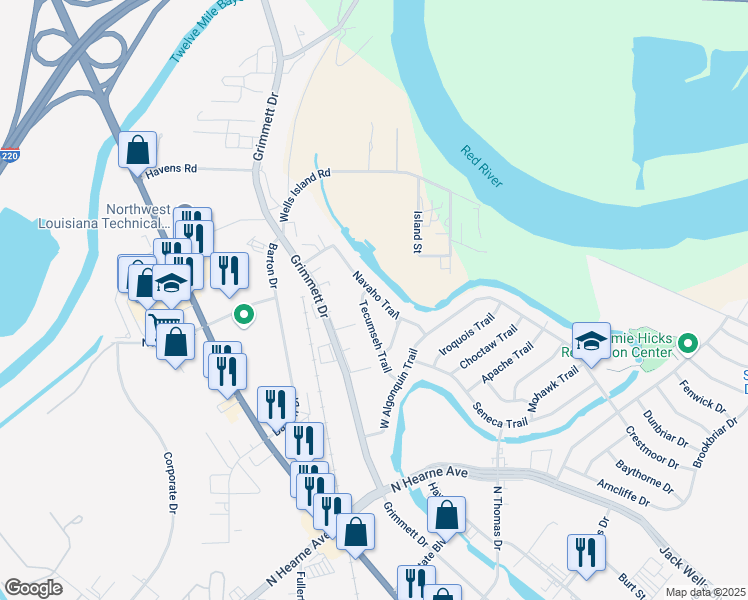 map of restaurants, bars, coffee shops, grocery stores, and more near 789 Tecumseh Trail in Shreveport