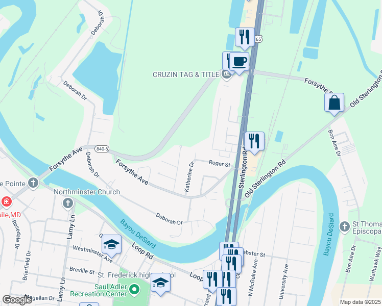 map of restaurants, bars, coffee shops, grocery stores, and more near 2501 Katherine Drive in Monroe