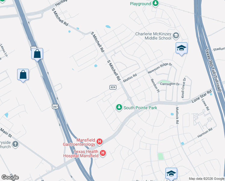 map of restaurants, bars, coffee shops, grocery stores, and more near 2611 High Bluff Drive in Mansfield