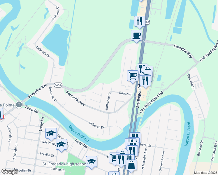 map of restaurants, bars, coffee shops, grocery stores, and more near 2501 Katherine Drive in Monroe