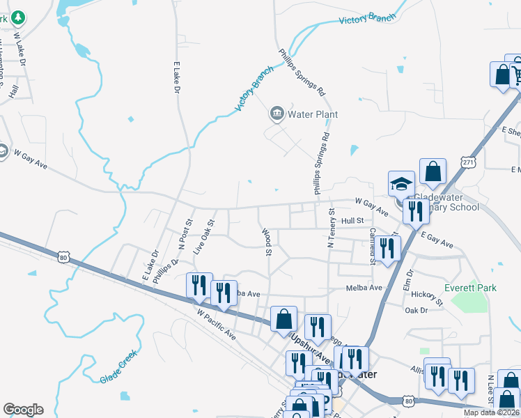map of restaurants, bars, coffee shops, grocery stores, and more near 712 Wood Street in Gladewater