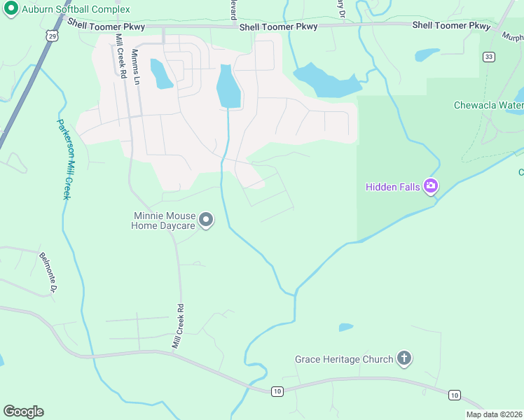 map of restaurants, bars, coffee shops, grocery stores, and more near Mimms Trail in Auburn