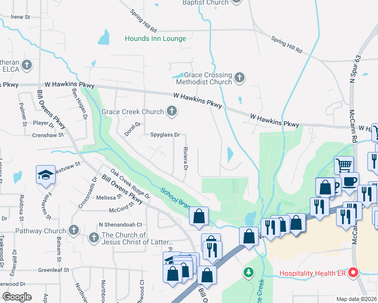 map of restaurants, bars, coffee shops, grocery stores, and more near 1708 Riviera Drive in Longview