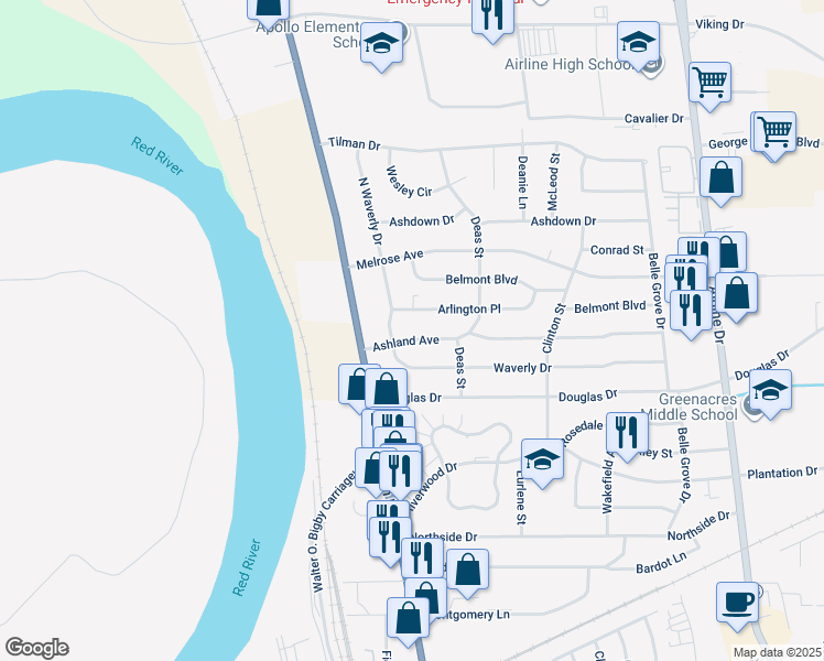 map of restaurants, bars, coffee shops, grocery stores, and more near 2309 Ashland Avenue in Bossier City