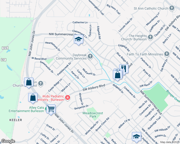 map of restaurants, bars, coffee shops, grocery stores, and more near 1001 Stockton Drive in Burleson